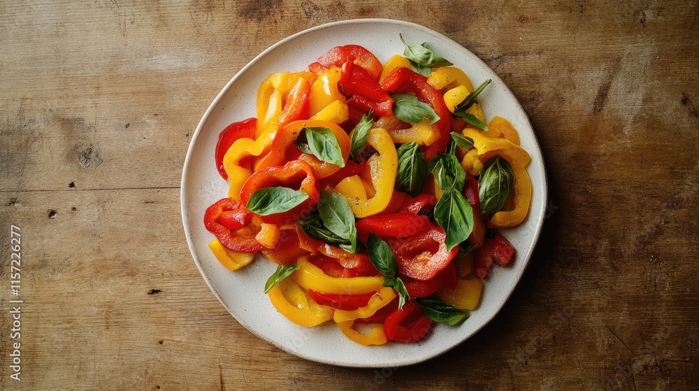 Colorful Bell Pepper Salad with Fresh Basil on Wooden Table Colorful Bell Pepper Salad with Fresh Basil on Wooden Table