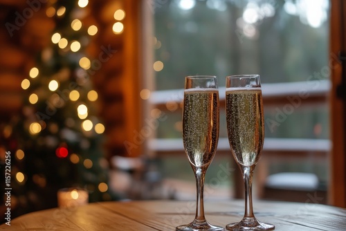 Two champagne flutes sit ready on a wooden table, against a backdrop of a warmly lit cabin interior with a Christmas tree, embodying festive spirit and togetherness. photo