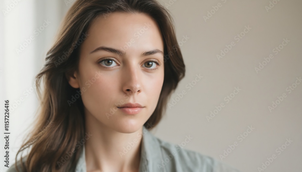 Natural Portrait of Woman with Minimal Makeup Soft Natural Light and Blurred Neutral Background Generative AI Natural Portrait of Woman with Minimal Makeup Soft Natural Light and Blurred Neutral Background Generative AI