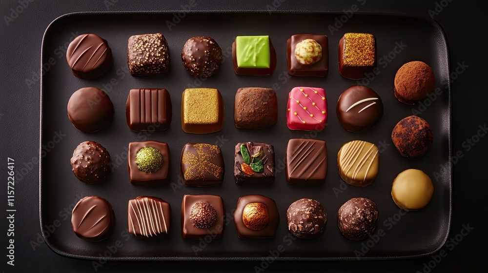 Assorted Gourmet Chocolate Confections on a Dark Serving Tray Assorted Gourmet Chocolate Confections on a Dark Serving Tray