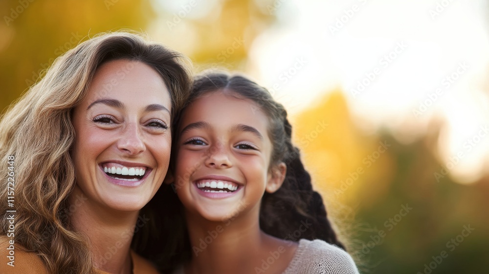 Obraz premium Smiling woman and girl enjoying a joyful moment outdoors during a sunny day in the park with warm colors and soft sunlight highlighting their happiness