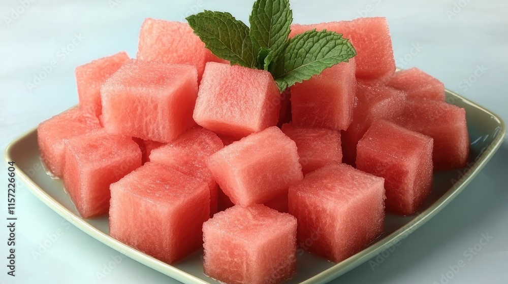 Fresh Watermelon Cubes on Plate with Mint Leaves Garnish Fresh Watermelon Cubes on Plate with Mint Leaves Garnish