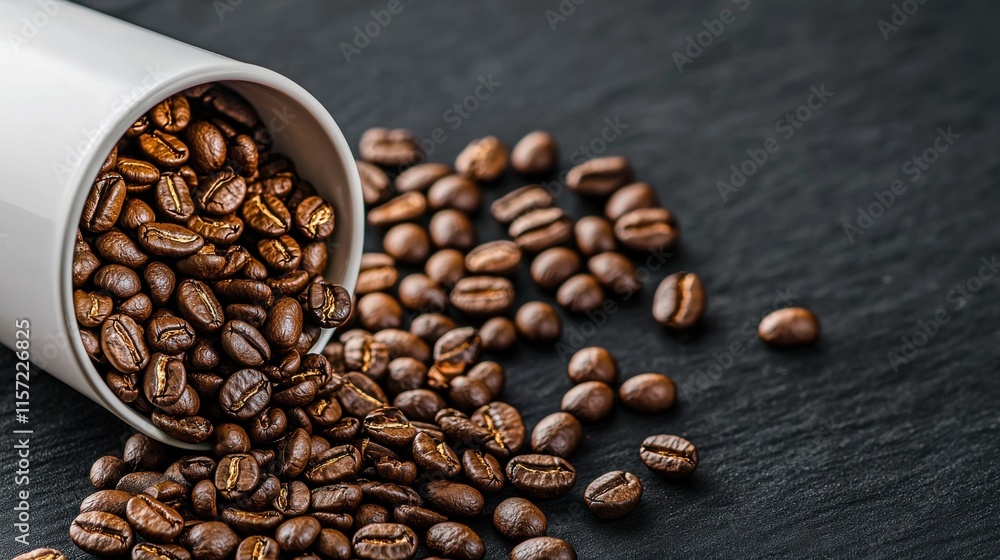 Fototapeta premium Aromatic Roasted Coffee Beans Spilling from a Cup on a Dark Surface