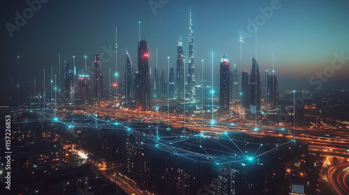 Wallpaper Mural Smart digital Innovation city with connection network reciprocity over the cityscape. of future smart wireless digital city and social media networking systems that connects people with in city Torontodigital.ca