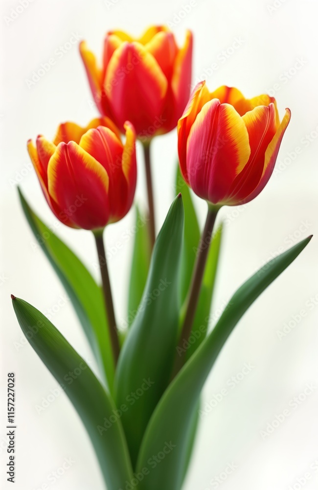 Three vibrant red and yellow tulips are presented in close-up view. Spring flowers displayed with rich green leaves in the foreground. Close-up flower arrangement. Beautiful tulips with bright colors. Three vibrant red and yellow tulips are presented in close-up view. Spring flowers displayed with rich green leaves in the foreground. Close-up flower arrangement. Beautiful tulips with bright colors.
