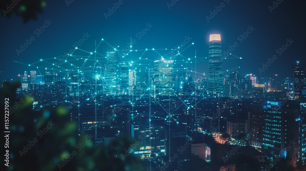 Smart digital Innovation city with connection network reciprocity over the cityscape. of future smart wireless digital city and social media networking systems that connects people with in city Smart digital Innovation city with connection network reciprocity over the cityscape. of future smart wireless digital city and social media networking systems that connects people with in city