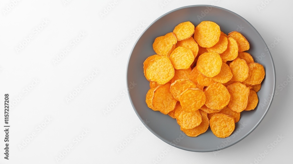 Crispy Golden Potato Chips in a Gray Bowl on a White Surface Crispy Golden Potato Chips in a Gray Bowl on a White Surface