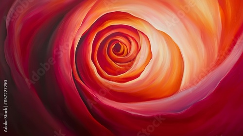 Soft brushstrokes create a mesmerizing swirl of warm hues, drawing the viewer into the heart of a blooming rose, where the delicate petals unfold in a captivating display of color and texture