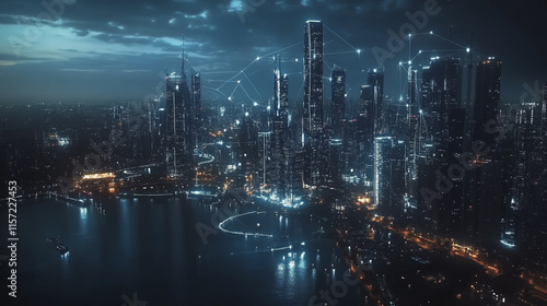 Wallpaper Mural Smart digital Innovation city with connection network reciprocity over the cityscape. of future smart wireless digital city and social media networking systems that connects people with in city Torontodigital.ca