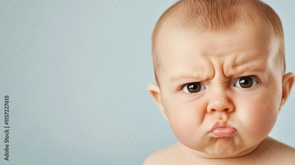 Baby shows an adorable pout while expressing discontent against a light blue background Baby shows an adorable pout while expressing discontent against a light blue background