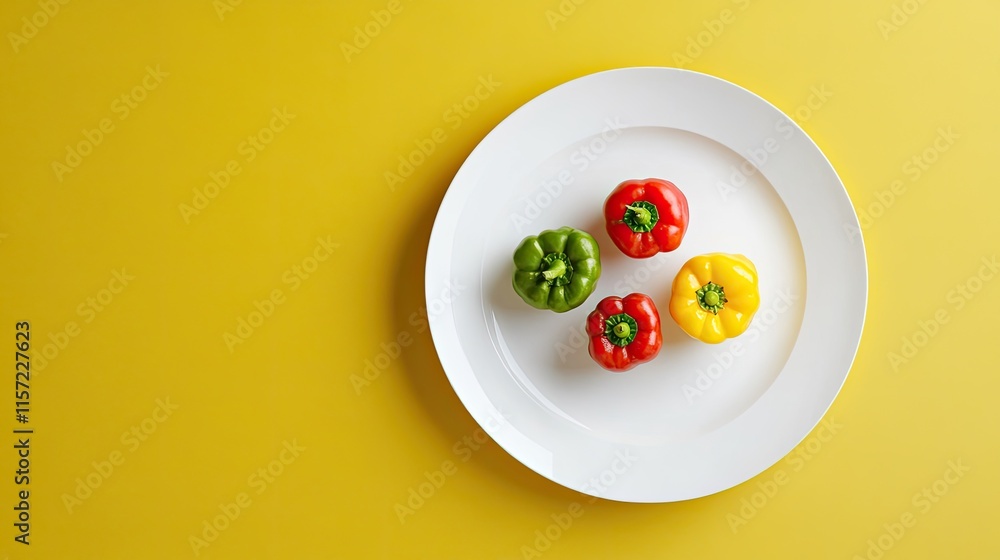 Colorful Bell Peppers on White Plate with Yellow Background Colorful Bell Peppers on White Plate with Yellow Background