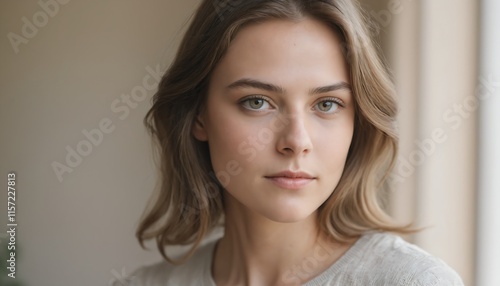 Natural Portrait of Woman with Minimal Makeup Soft Natural Light and Blurred Neutral Background Generative AI