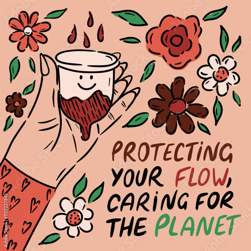 Hand-drawn illustration featuring a feminine hand holding a menstrual cup surrounded by delicate flowers, accompanied by the empowering lettering 'Protecting your flow, caring for the planet.' 