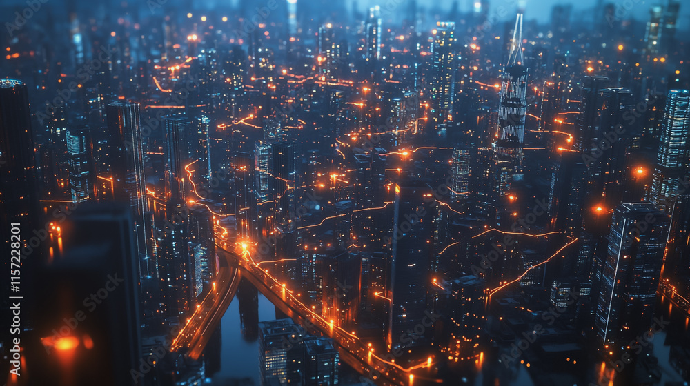 Obraz premium Smart digital Innovation city with connection network reciprocity over the cityscape. of future smart wireless digital city and social media networking systems that connects people with in city