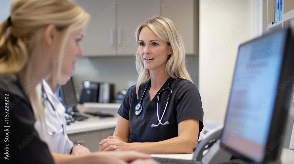 Healthcare professionals collaborating at a modern medical facility during a patient consultation Healthcare professionals collaborating at a modern medical facility during a patient consultation