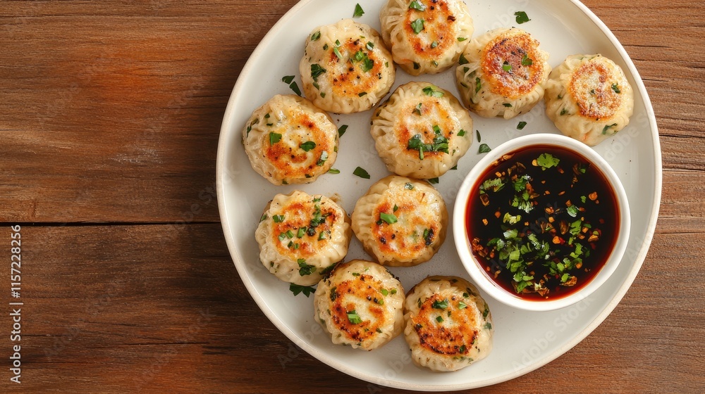 Delicious Steamed Dumplings Served with Spicy Dipping Sauce Delicious Steamed Dumplings Served with Spicy Dipping Sauce