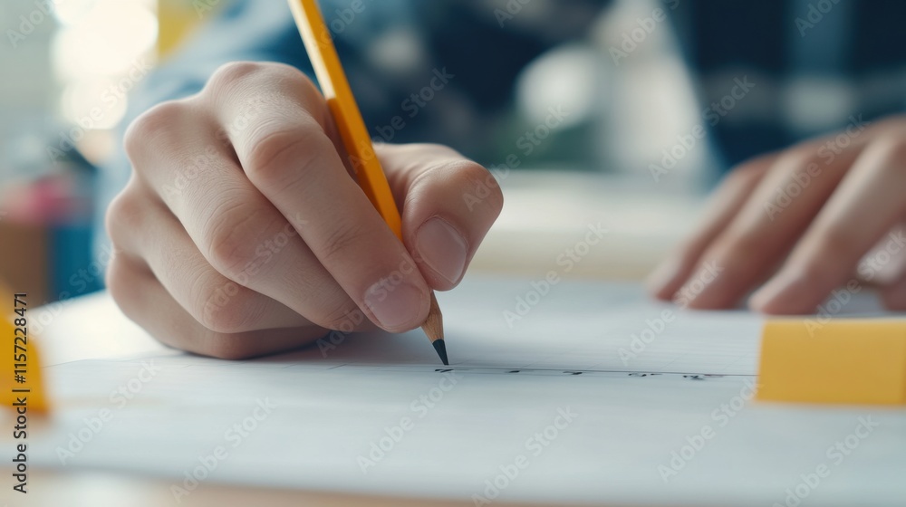 Person focusing on writing with a pencil on a sheet of paper in a well-lit indoor space during the day Person focusing on writing with a pencil on a sheet of paper in a well-lit indoor space during the day