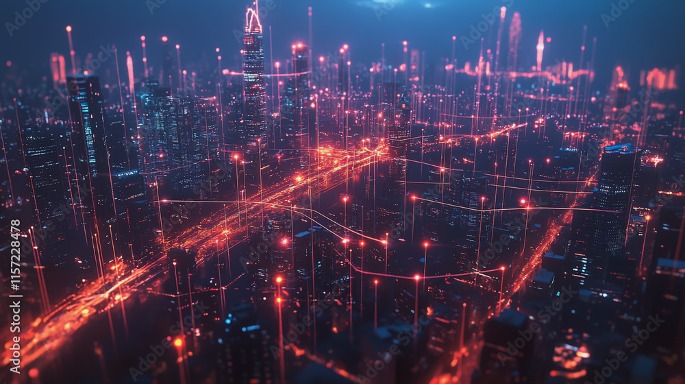 Fototapeta premium Smart digital Innovation city with connection network reciprocity over the cityscape. of future smart wireless digital city and social media networking systems that connects people with in city