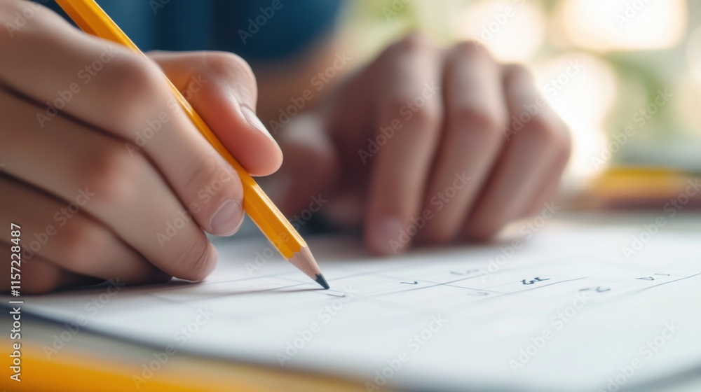 Engaging in focused writing on a blank sheet while holding a sharp yellow pencil in a bright, serene setting during daytime hours Engaging in focused writing on a blank sheet while holding a sharp yellow pencil in a bright, serene setting during daytime hours