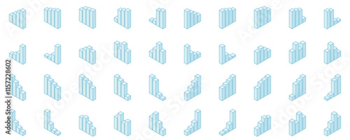 グラフ　アイソメトリック　立体　ベクター　イラスト　セット　青