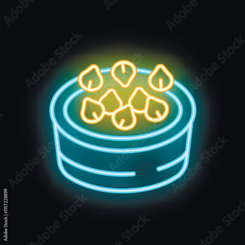 Bright neon sign showing chickpeas falling into an open metal tin can, perfect for illustrating hummus production