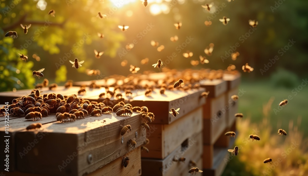 Honeybees swarm around beehive in garden. Morning sun shines on busy insects. Natural scene shows bees flying, gathering near wooden boxes. Healthy colony works hard. Apiculture scene. Nature beauty. Honeybees swarm around beehive in garden. Morning sun shines on busy insects. Natural scene shows bees flying, gathering near wooden boxes. Healthy colony works hard. Apiculture scene. Nature beauty.