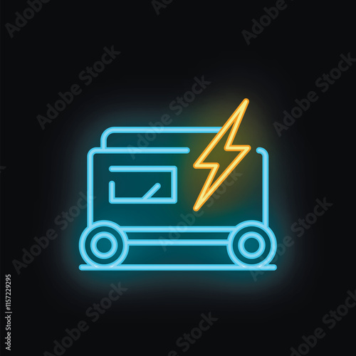 Neon style icon of a portable generator producing electricity, suitable for use in projects related to power generation
