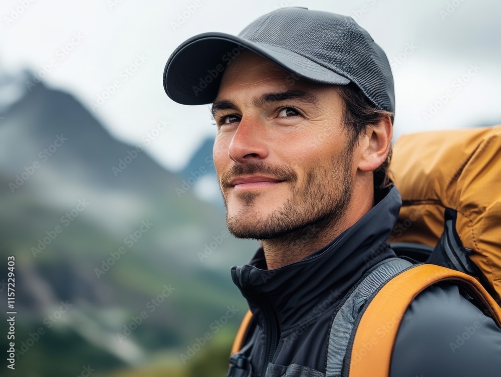 Man smiling in outdoor setting with mountains in the background during a cloudy day while enjoying a hiking adventure Man smiling in outdoor setting with mountains in the background during a cloudy day while enjoying a hiking adventure