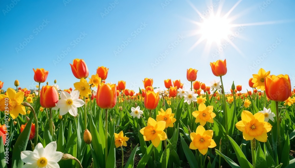 Fototapeta premium Colorful tulips and daffodils in a sunny field