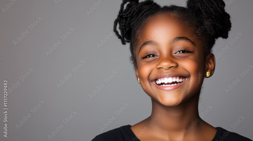 Joyful girl with braided hair smiling brightly in a neutral background, showcasing pure happiness and confidence Joyful girl with braided hair smiling brightly in a neutral background, showcasing pure happiness and confidence