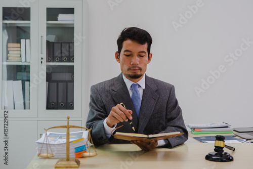 A dark-skinned Asian lawyer, dressed in professional attireon. provide legal advice, preparing cases in law office. photo