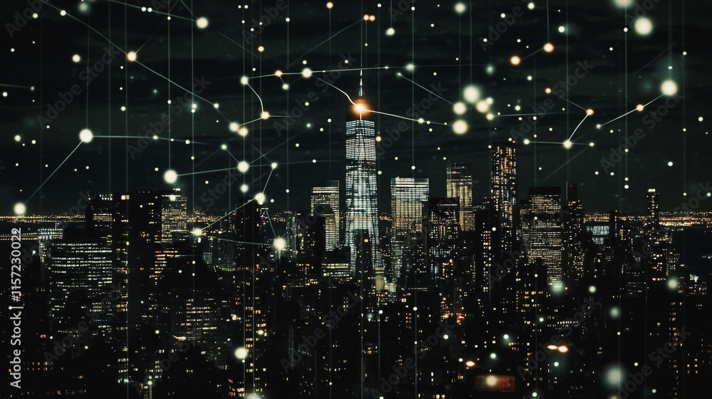 Obraz premium Smart digital Innovation city with connection network reciprocity over the cityscape. of future smart wireless digital city and social media networking systems that connects people with in city