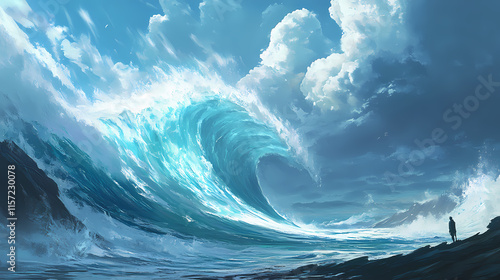 Massive ocean wave crashing under stormy skies, showcasing the power and beauty of nature in a stunning seascape scene. Spindrift. Illustration photo