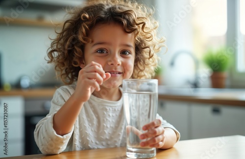 Cute child drinks fresh water in kitchen. Small girl holds glass of pure mineral water. Indoor shot closeup. Healthy lifestyle concept. Child happy, enjoying drink. Fresh clean water. Table wooden.