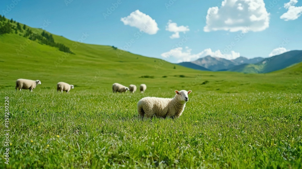 Pastoral Landscape with Grazing Sheep Flock in Lush Meadow and Mountain Backdrop Pastoral Landscape with Grazing Sheep Flock in Lush Meadow and Mountain Backdrop