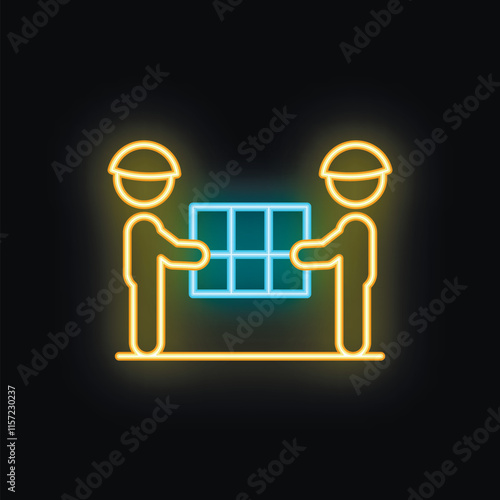 Neon sign icon of two construction workers carrying building material