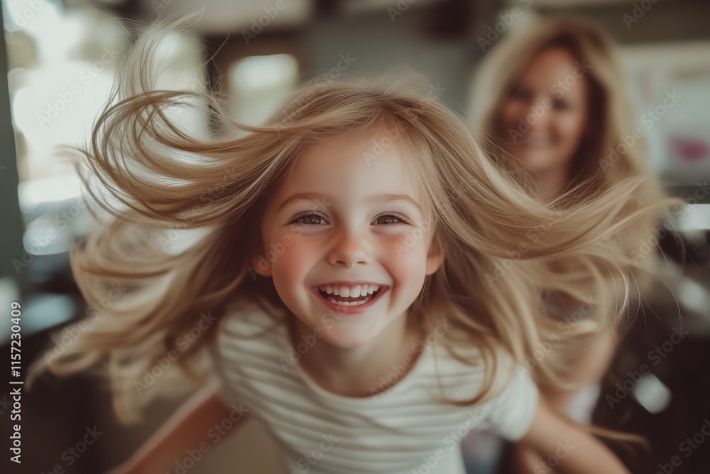Young girl joyfully playing with her hair while mother smiles in the background at a cheerful cafe atmosphere during daytime Young girl joyfully playing with her hair while mother smiles in the background at a cheerful cafe atmosphere during daytime