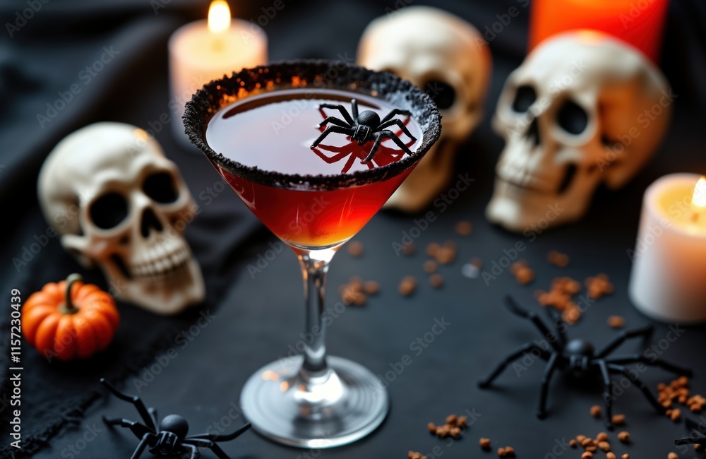 Spooky Halloween cocktail martini with scary decor. Red drink in martini glass with black spider, rim. Halloween party atmosphere. Black, white colors with candlelight, skulls. Dark, creepy Spooky Halloween cocktail martini with scary decor. Red drink in martini glass with black spider, rim. Halloween party atmosphere. Black, white colors with candlelight, skulls. Dark, creepy