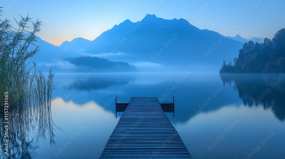 Naklejka premium Serene sunrise over a tranquil lake with a wooden dock leading to misty mountains.