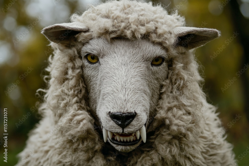 This artistic portrayal features a wolf with sharp fangs hidden beneath sheep's wool, creating a captivating image that explores themes of duality and transformation. This artistic portrayal features a wolf with sharp fangs hidden beneath sheep's wool, creating a captivating image that explores themes of duality and transformation.