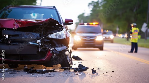 Car accident on suburban road involves multiple vehicles and emergency responders during daylight hours