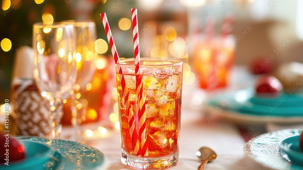 A festive holiday table setting with striped paper straws in themed drinks, surrounded by decor. A festive holiday table setting with striped paper straws in themed drinks, surrounded by decor.