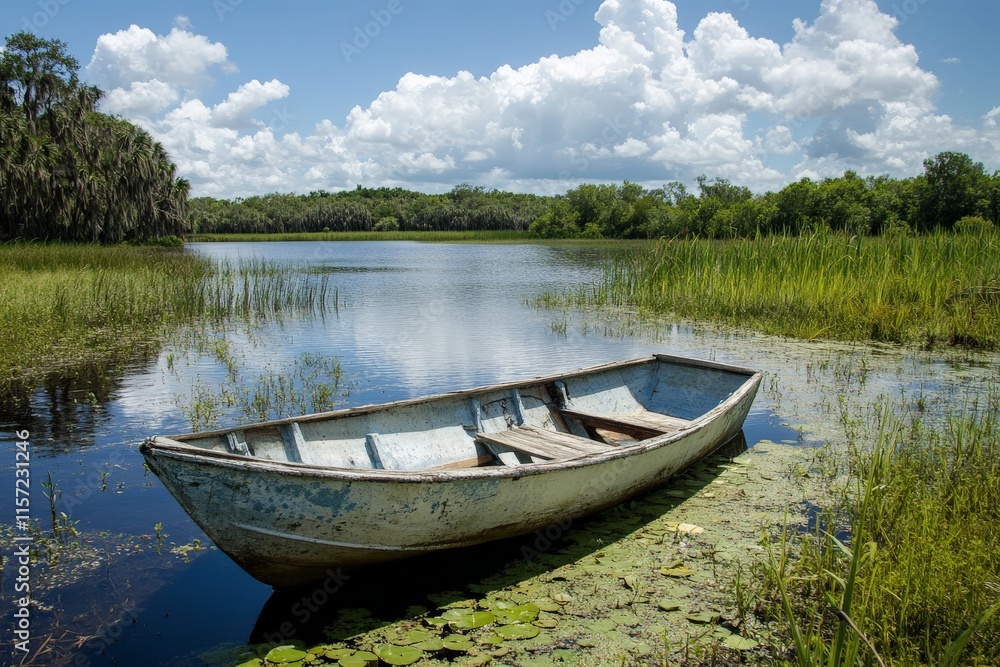 A peaceful old rowboat floats amidst lily pads on a lake, surrounded by lush greenery and a blue sky with fluffy clouds, evoking tranquility and solitude. A peaceful old rowboat floats amidst lily pads on a lake, surrounded by lush greenery and a blue sky with fluffy clouds, evoking tranquility and solitude.