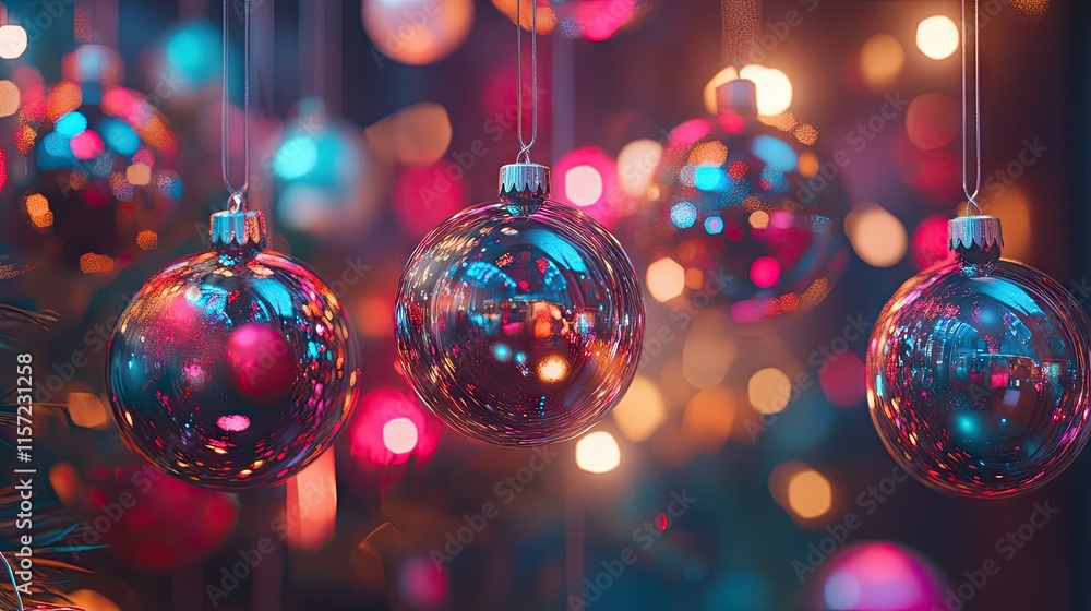 A festive scene of ornament balls hanging from a Christmas tree, reflecting colorful string lights. A festive scene of ornament balls hanging from a Christmas tree, reflecting colorful string lights.
