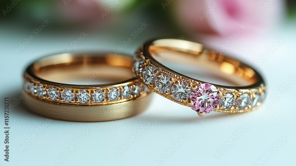 Close-up of two gold wedding rings with diamonds and a pink gemstone, set against a blurred background of pink roses. Close-up of two gold wedding rings with diamonds and a pink gemstone, set against a blurred background of pink roses.