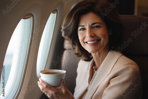 A woman with a warm smile holds a cup of tea, seated comfortably by a window in a luxurious aircraft, suggesting themes of travel, relaxation, and contentment. photo