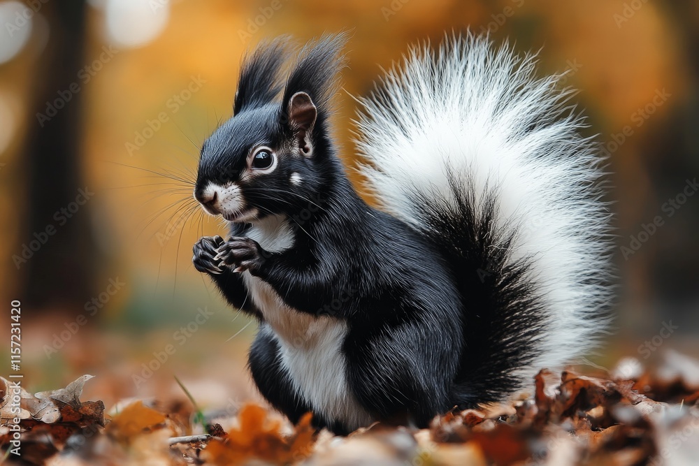 A striking black squirrel with a vibrant white tail stands on a bed of autumn leaves, showcasing nature's diverse beauty with an artistic flair.