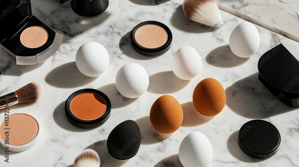 A flat lay of egg-shaped makeup sponges arranged with compact powders and brushes on a marble surface. A flat lay of egg-shaped makeup sponges arranged with compact powders and brushes on a marble surface.