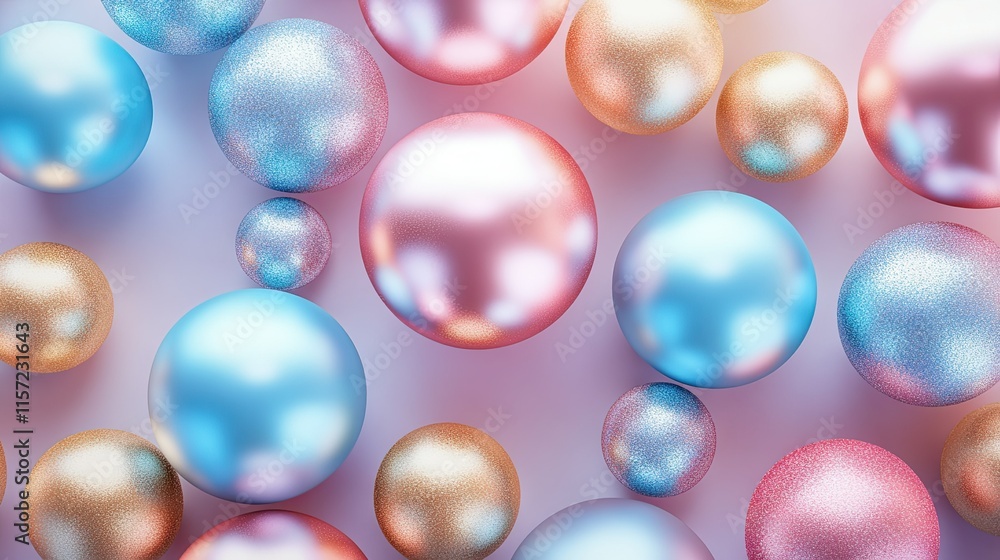 A flat lay of metallic and matte ornament balls in shades of pink, blue, and gold on a shiny background. A flat lay of metallic and matte ornament balls in shades of pink, blue, and gold on a shiny background.