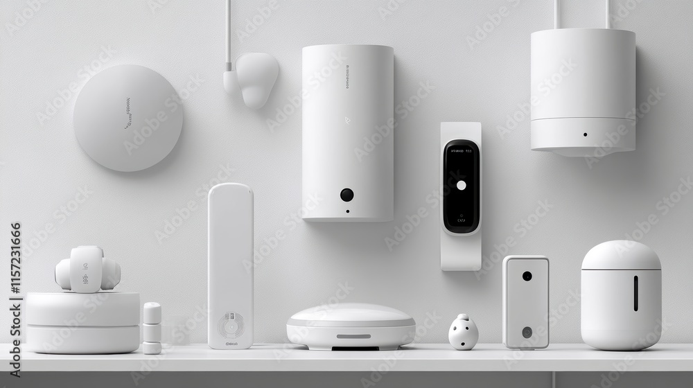 A sleek arrangement of modern white tech devices showcased on a minimalistic shelf, emphasizing a clean and contemporary aesthetic.